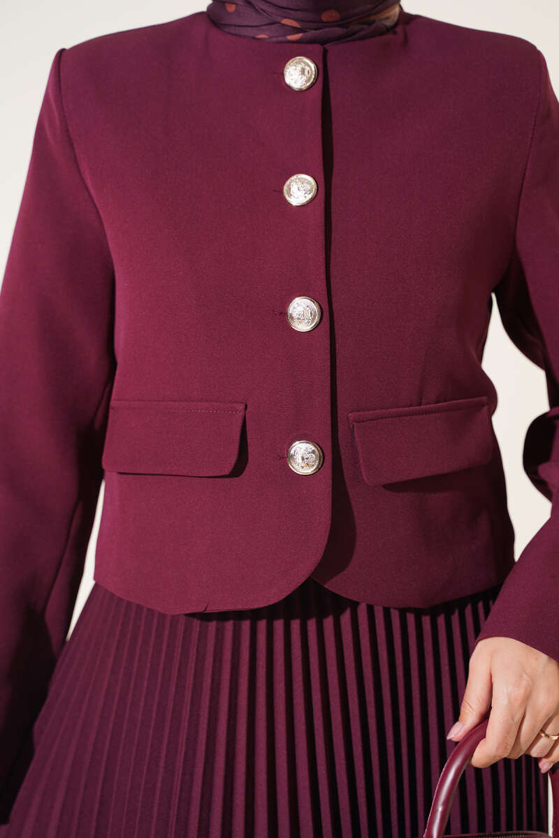 Gold Buttoned Pleated Skirt and Top Set Burgundy - Imagen 4