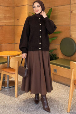 Alternative view of Gold Buttoned Ribbed Knit Cardigan Dark Brown