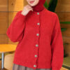 Gold Buttoned Ribbed Knit Cardigan Red