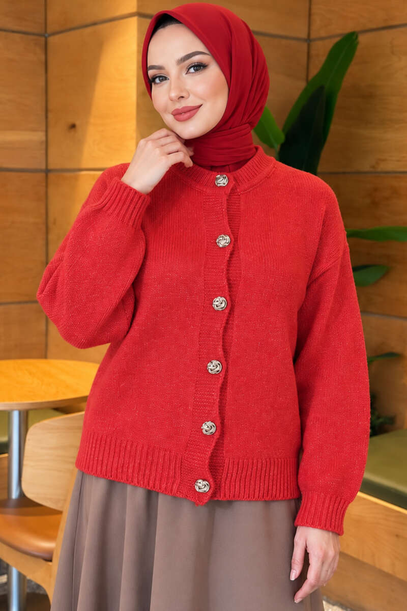 Gold Buttoned Ribbed Knit Cardigan Red
