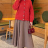 Gold Buttoned Ribbed Knit Cardigan Red - الصورة 2