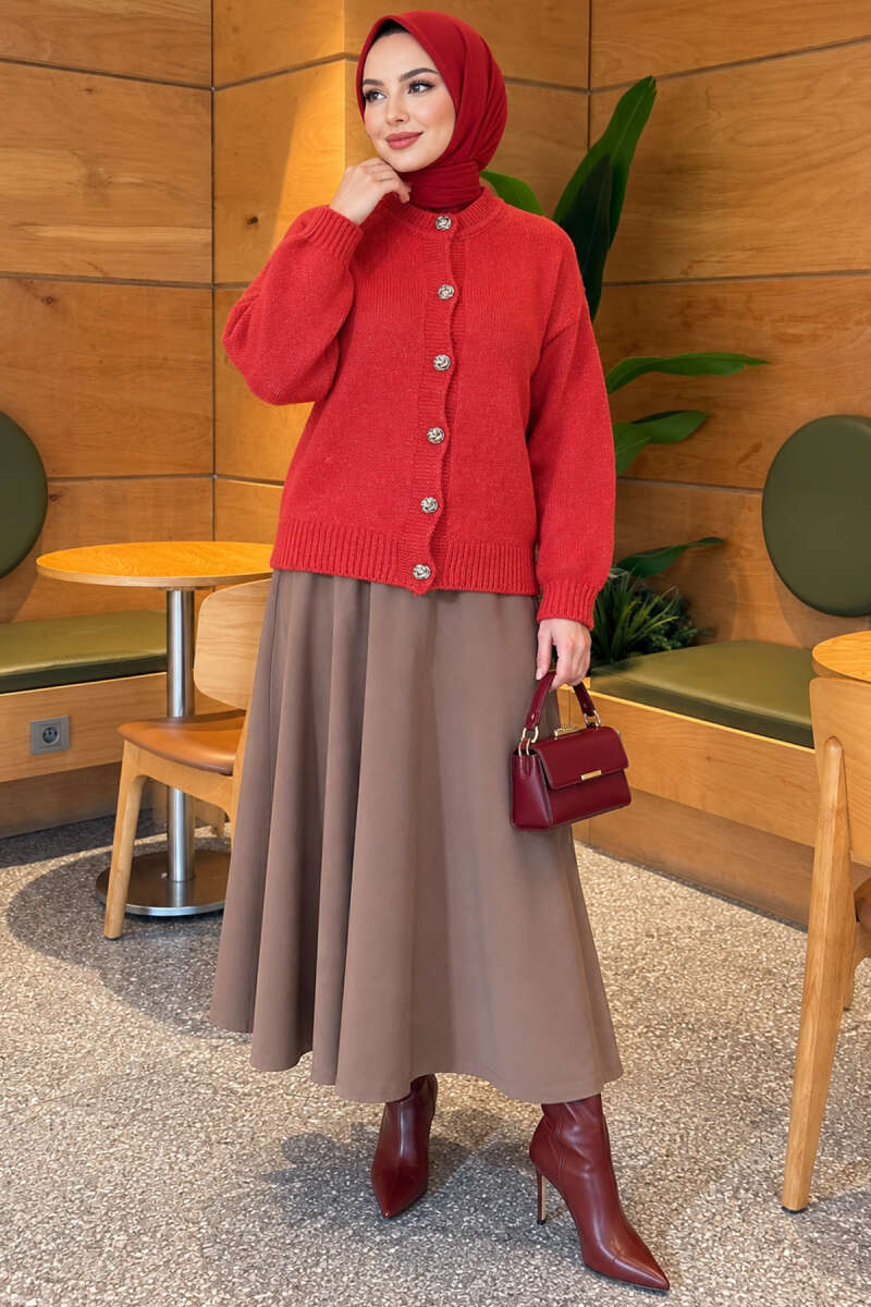 Gold Buttoned Ribbed Knit Cardigan Red - الصورة 2