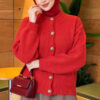 Gold Buttoned Ribbed Knit Cardigan Red - الصورة 3