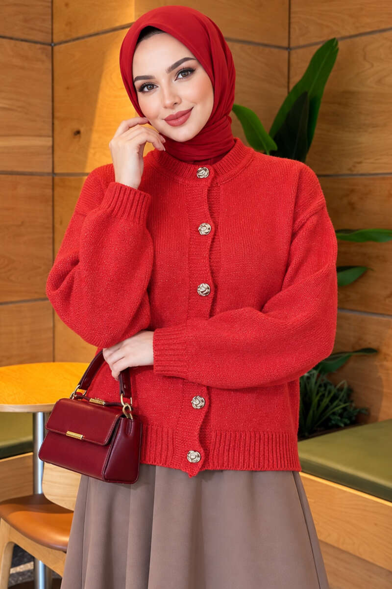 Gold Buttoned Ribbed Knit Cardigan Red - الصورة 3
