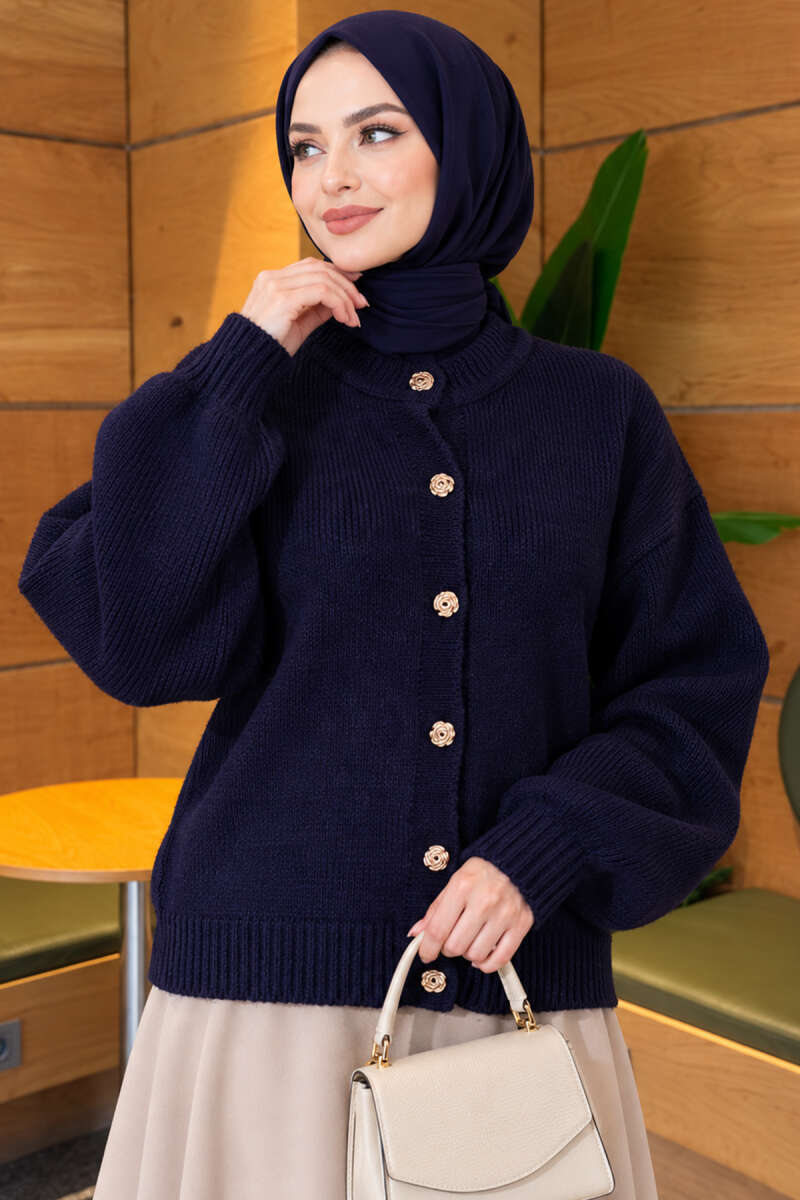 Gold Buttoned Ribbed Knit Cardigan Navy Blue