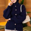 Gold Buttoned Ribbed Knit Cardigan Navy Blue – Bild 3