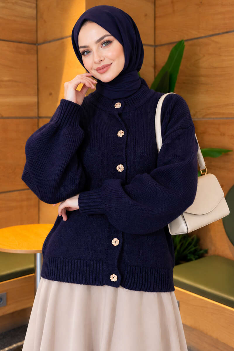 Gold Buttoned Ribbed Knit Cardigan Navy Blue – Bild 3