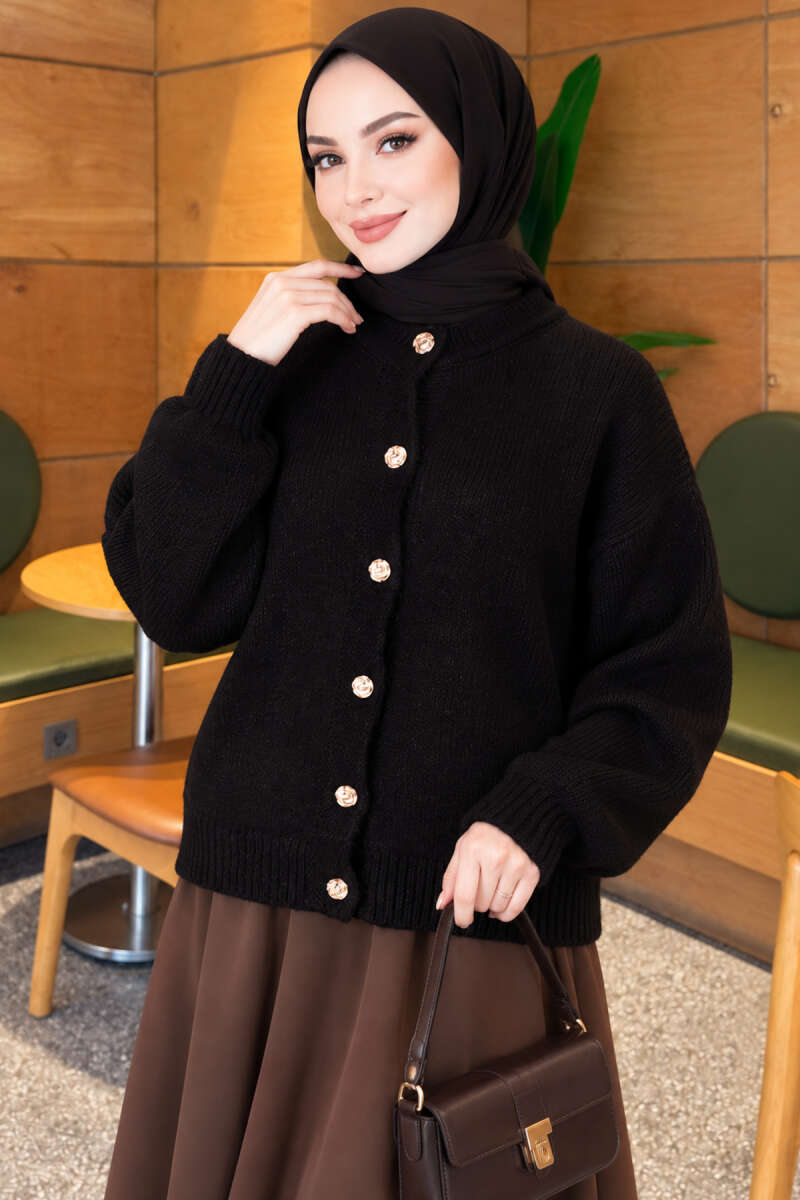 Gold Buttoned Ribbed Knit Cardigan Black - Afbeelding 3