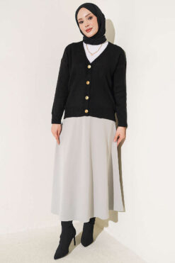 Alternative view of Gold Buttoned V-Neck Short Knit Cardigan Black