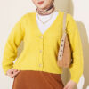 Gold Buttoned V-Neck Short Knit Cardigan Oil Green