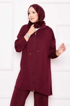 Alternative view of Sparkling Gold Zippered Hooded Knit Two-Piece Set Burgundy