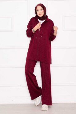 Sparkling Gold Zippered Hooded Knit Two-Piece Set Burgundy
