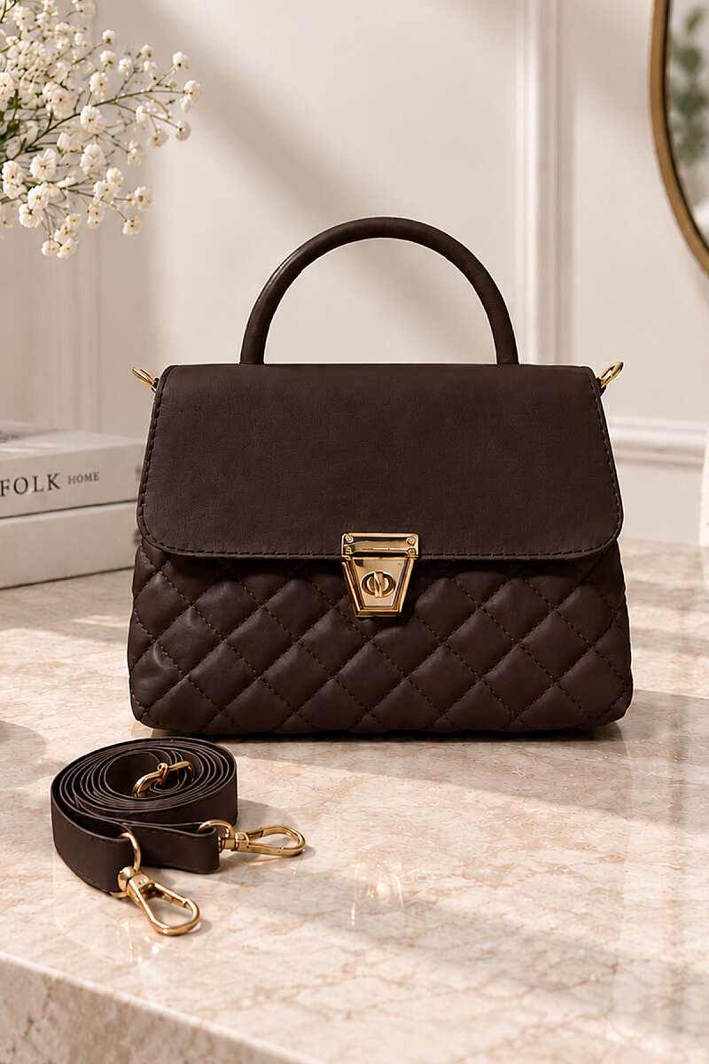 Gold Buttoned Quilted Women's Handbag Dark Brown