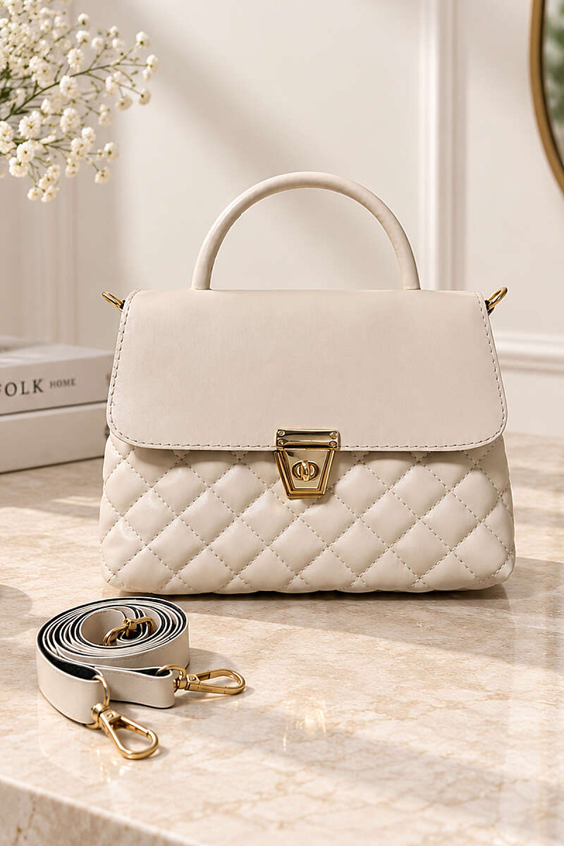 Gold Buttoned Quilted Women's Handbag Cream