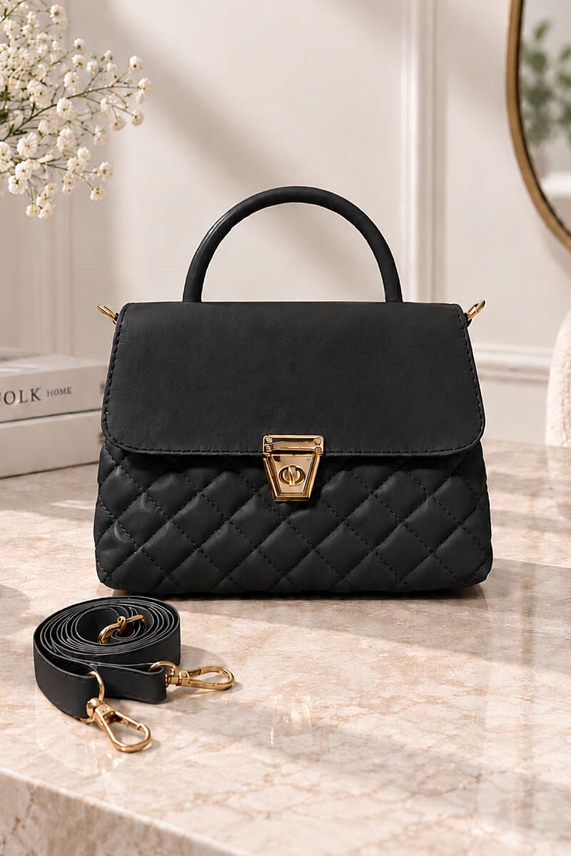 Gold Buttoned Quilted Women's Handbag Black