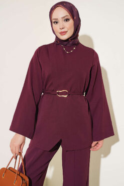 Alternative view of Gold Buckle Detailing French Terry Two-Piece Set Burgundy
