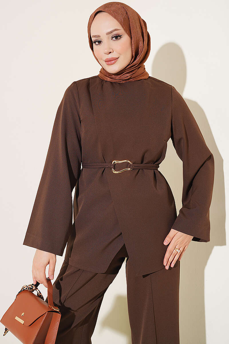 Gold Buckle Detailing French Terry Two-Piece Set Brown – Bild 2