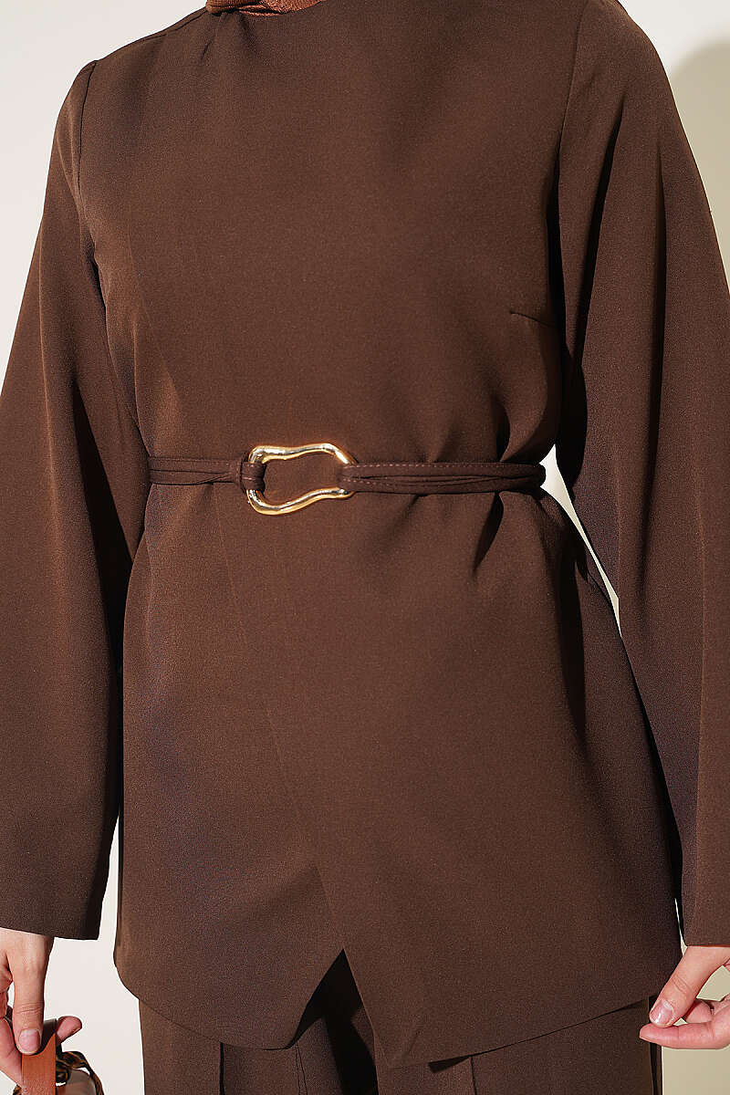Gold Buckle Detailing French Terry Two-Piece Set Brown – Bild 4