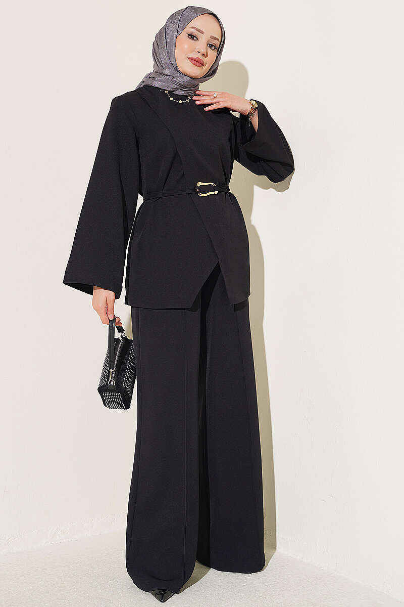 Gold Buckle Detailing French Terry Two-Piece Set Black