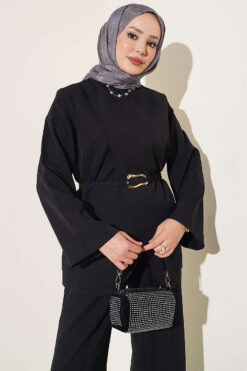 Alternative view of Gold Buckle Detailing French Terry Two-Piece Set Black