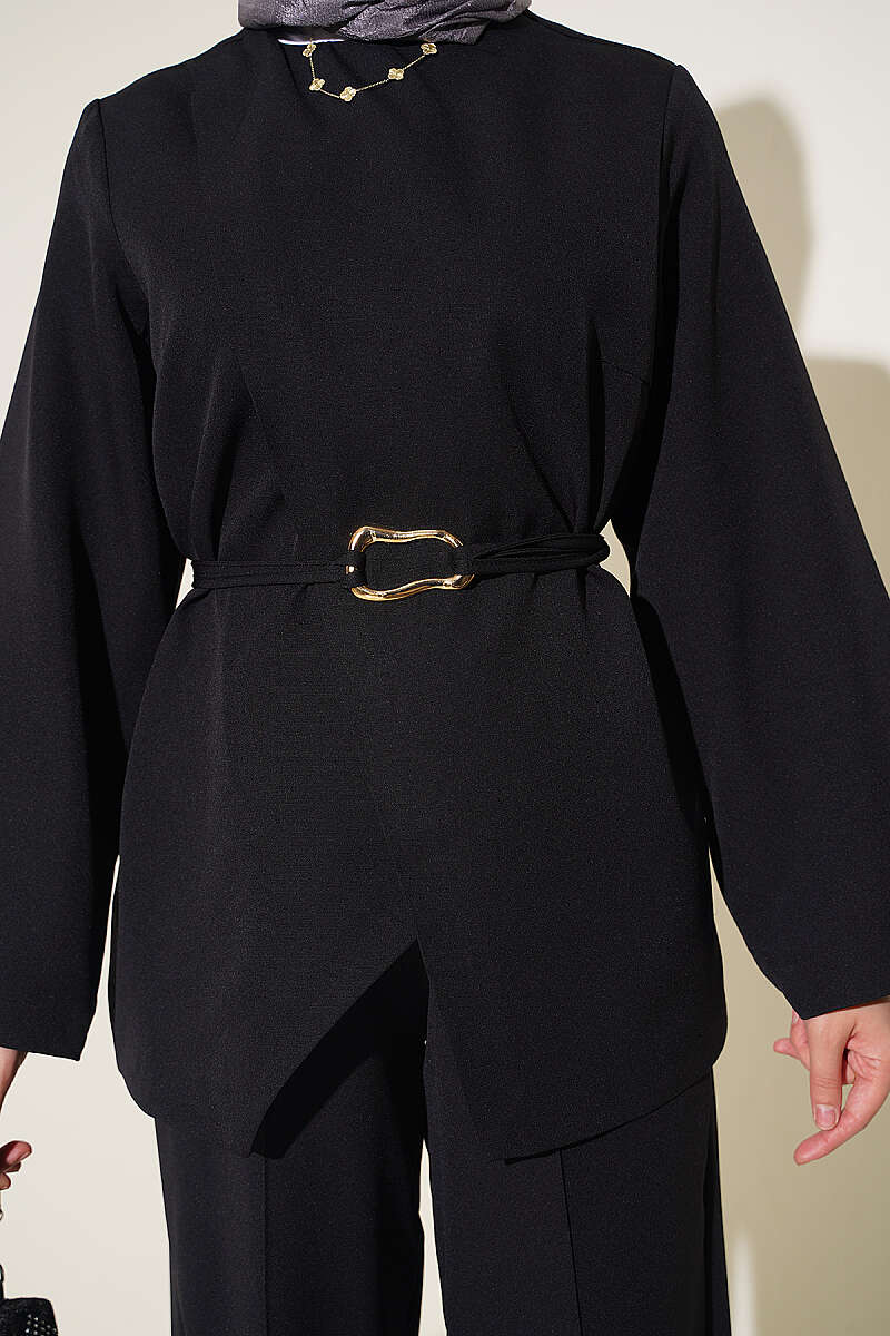 Gold Buckle Detailing French Terry Two-Piece Set Black – Bild 4