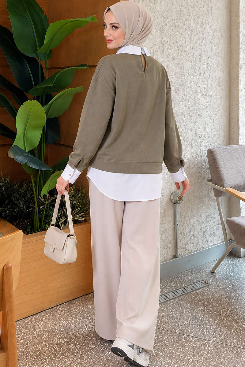 Basic Tunic with Button Placket Khaki - الصورة 3