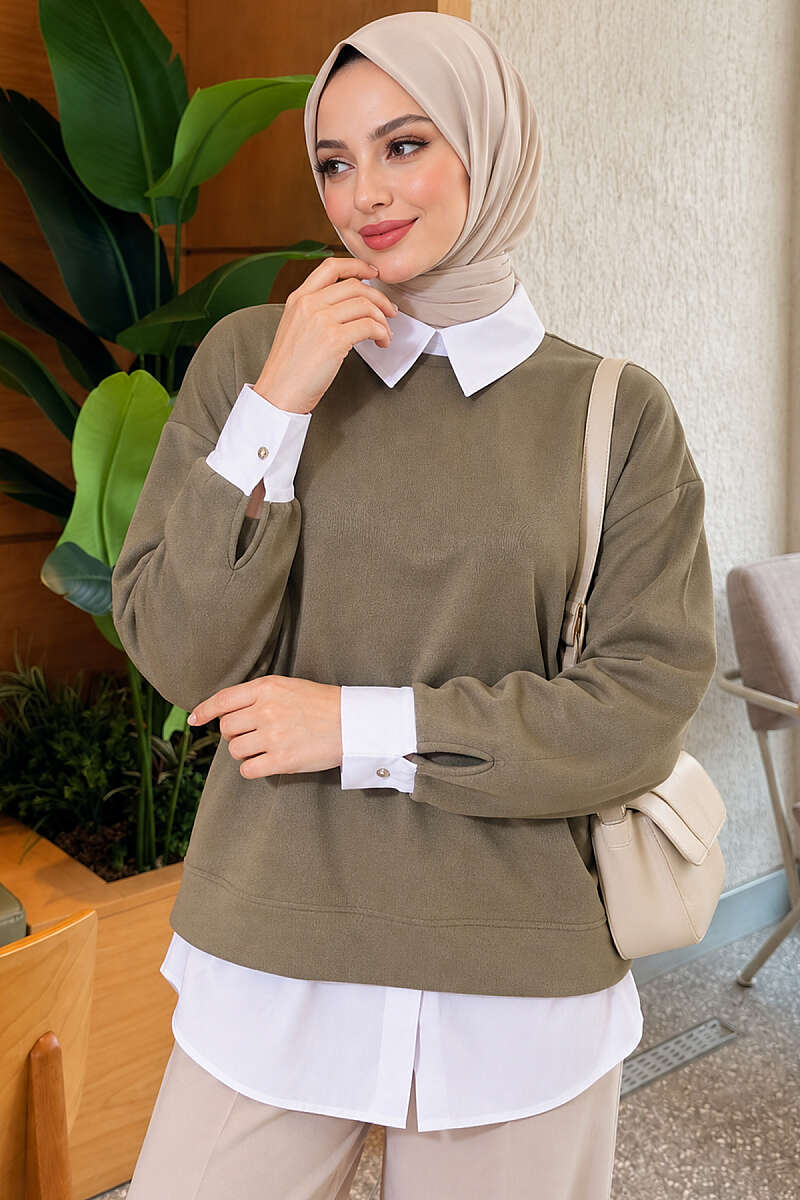 Basic Tunic with Button Placket Khaki - الصورة 4