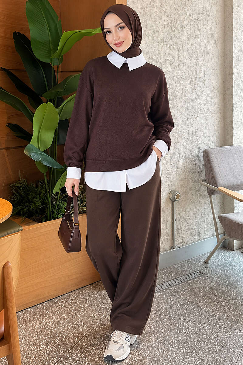 Basic Tunic with Button Placket Brown - الصورة 2