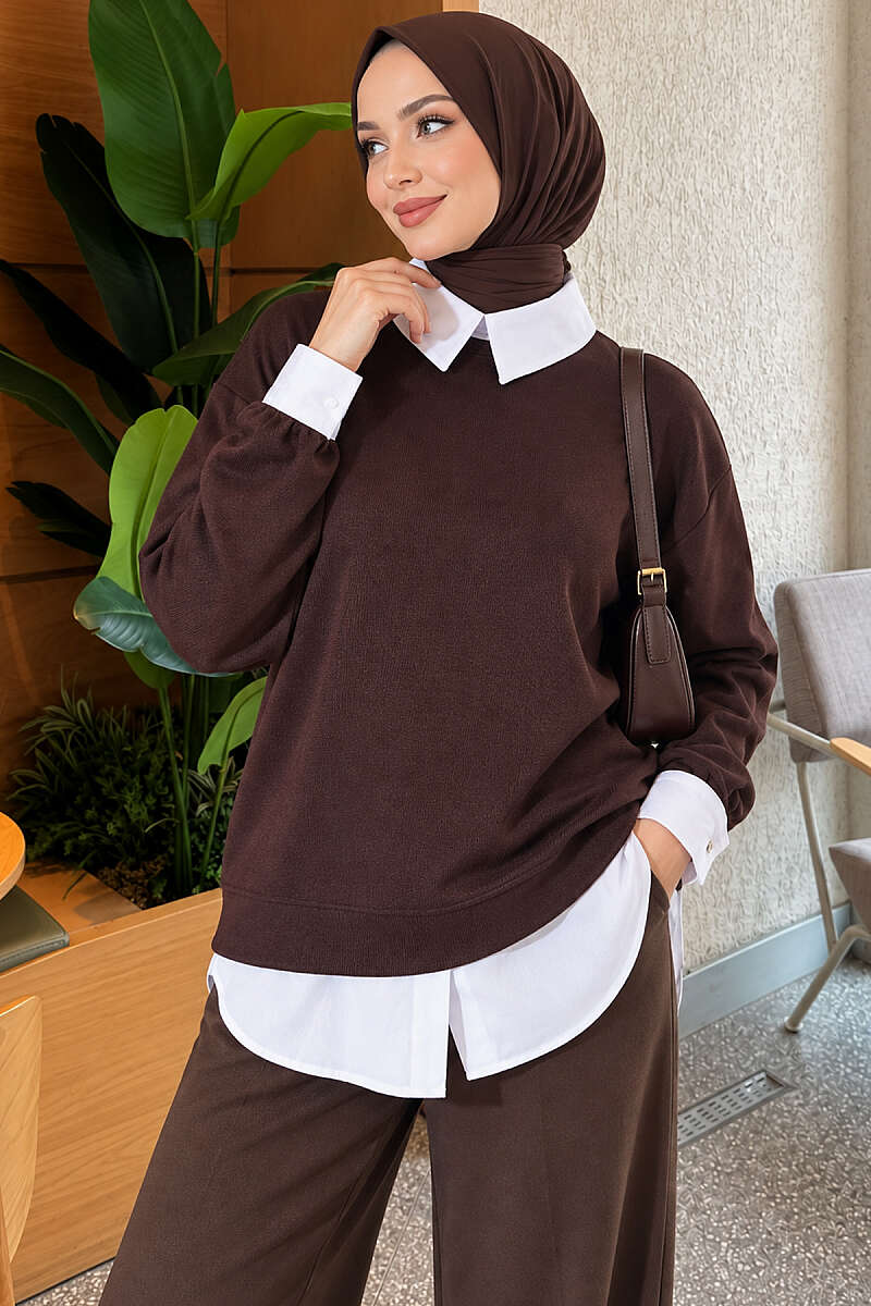 Basic Tunic with Button Placket Brown - الصورة 4