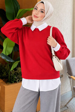 Basic Tunic with Button Placket Red