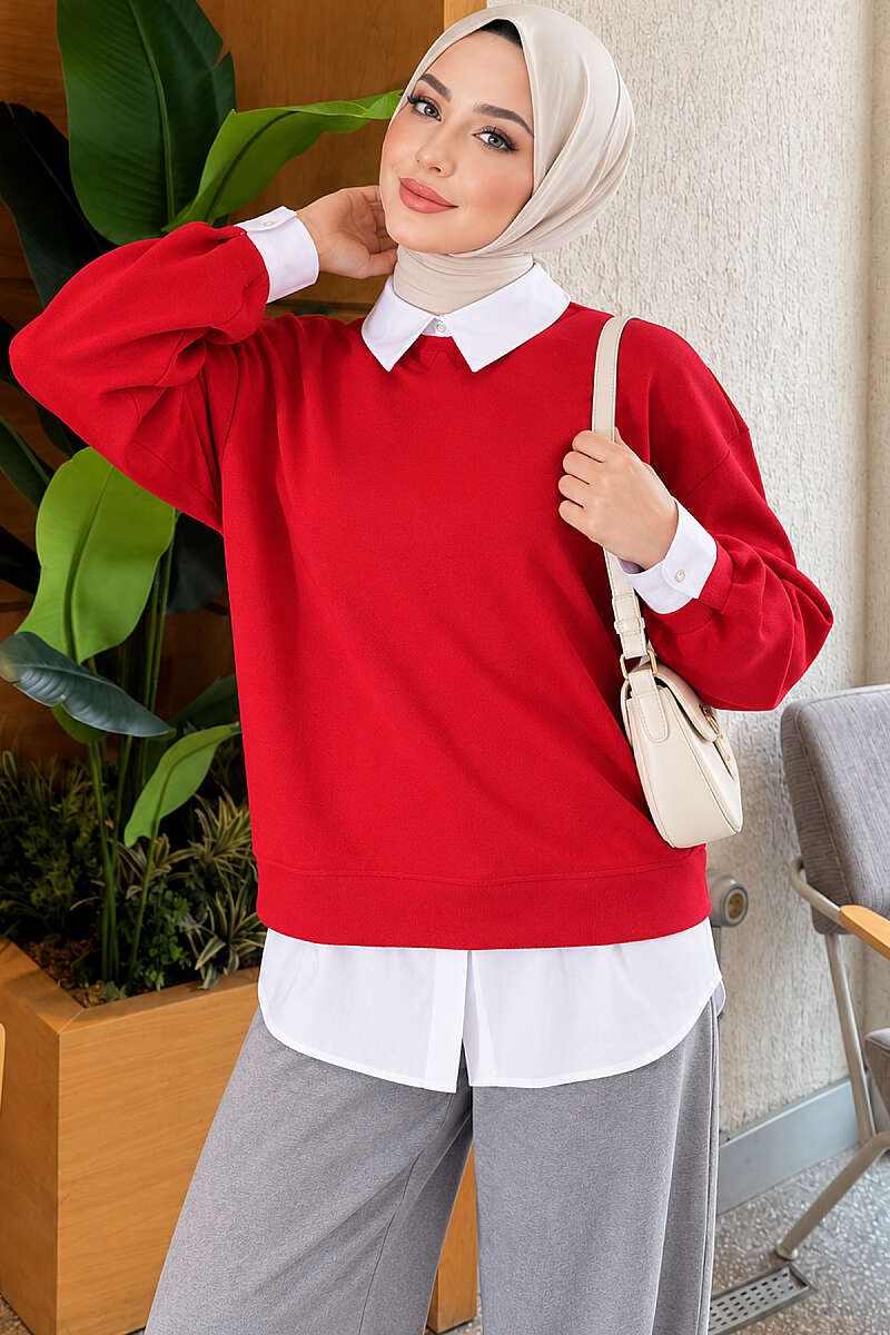 Basic Tunic with Button Placket Red