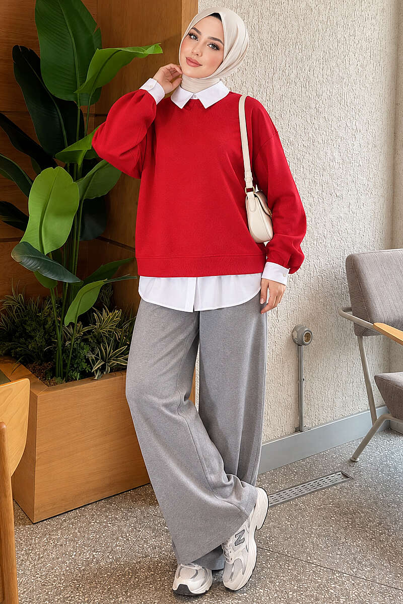 Basic Tunic with Button Placket Red - الصورة 2