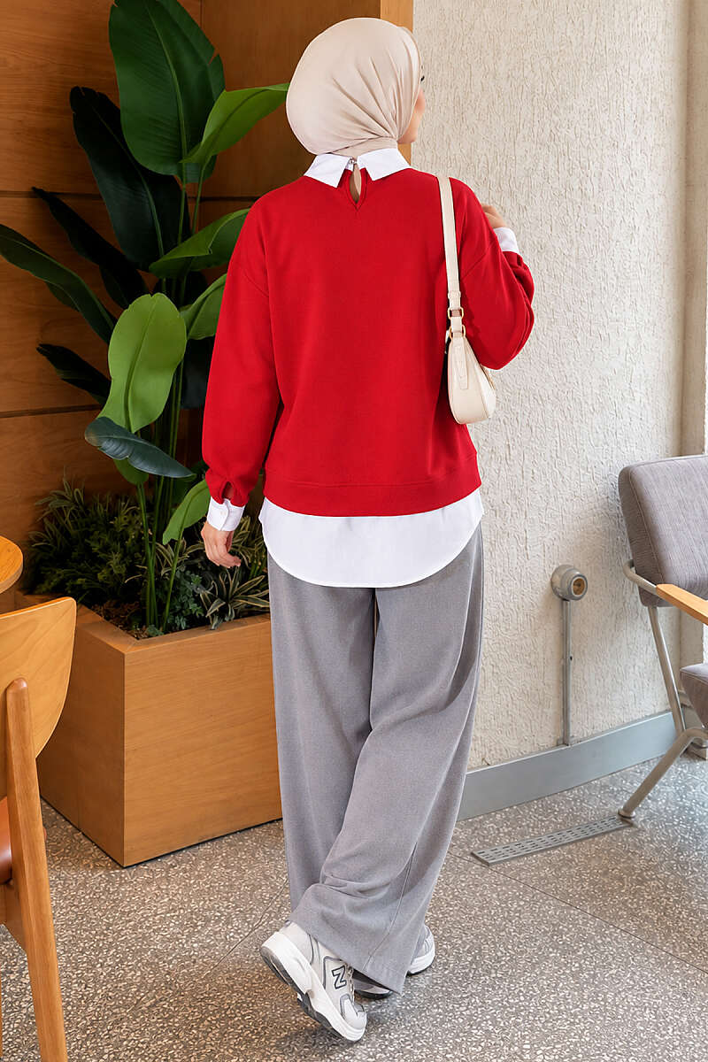 Basic Tunic with Button Placket Red - الصورة 3
