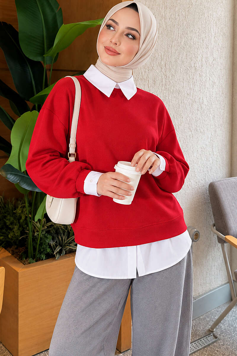 Basic Tunic with Button Placket Red - الصورة 4