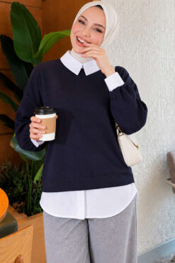 Basic Tunic with Button Placket Navy Blue