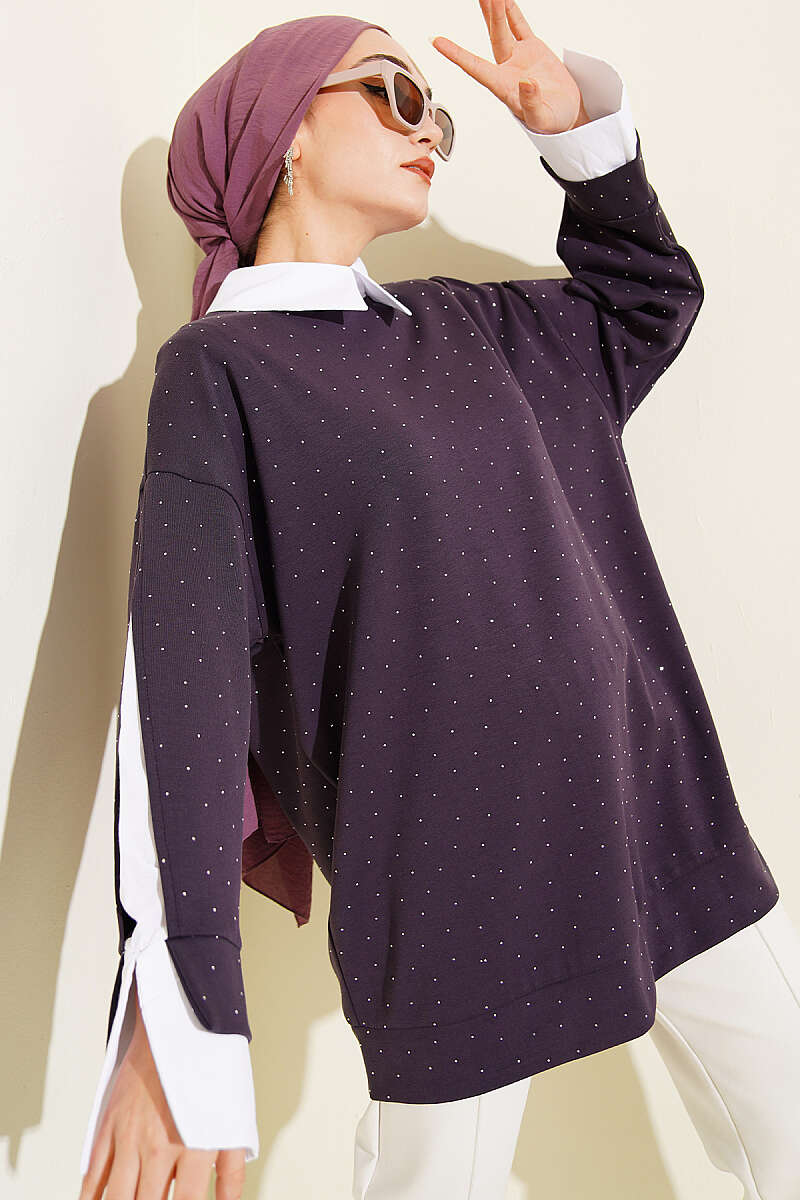 Shirt Panel Stone Embellished Tunic Purple