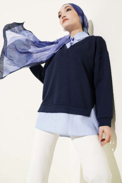 Stripe-Trimmed French Terry Popover Tunic Navy Blue