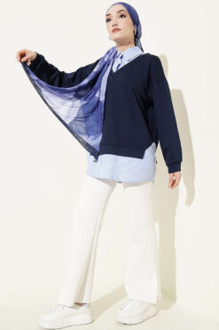 Alternative view of Stripe-Trimmed French Terry Popover Tunic Navy Blue