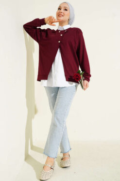 Alternative view of Button-up Shirt with Cardigan Two-Piece Set Burgundy