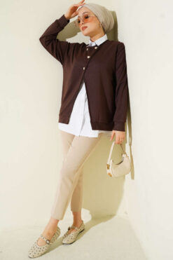 Alternative view of Button-up Shirt with Cardigan Two-Piece Set Brown