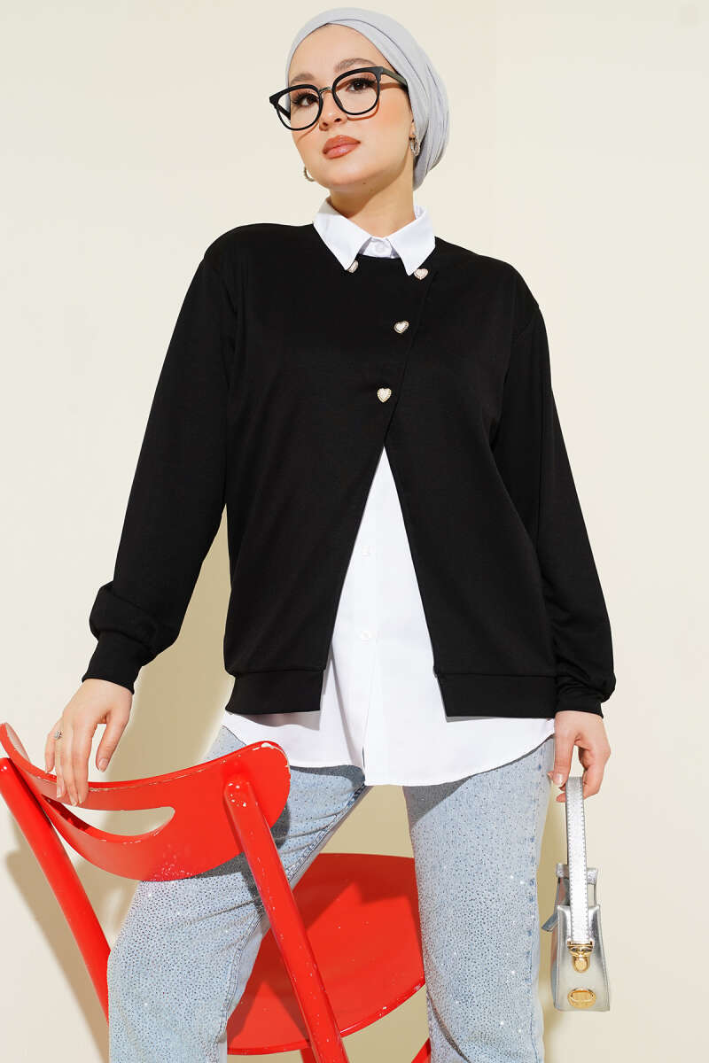 Button-up Shirt with Cardigan Two-Piece Set Black