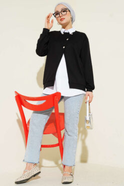 Alternative view of Button-up Shirt with Cardigan Two-Piece Set Black