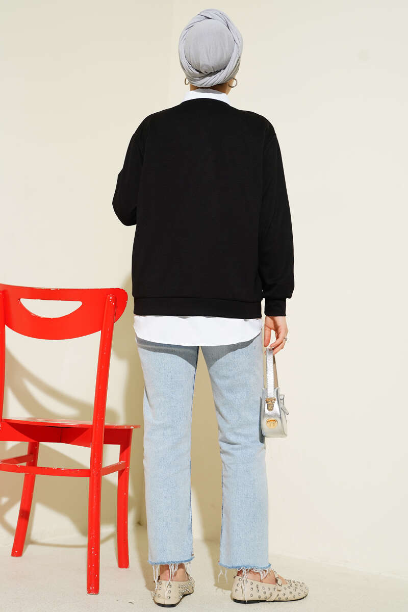 Button-up Shirt with Cardigan Two-Piece Set Black - Imagen 3