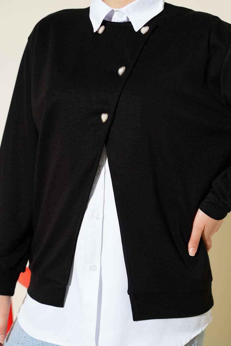 Button-up Shirt with Cardigan Two-Piece Set Black - Imagen 4