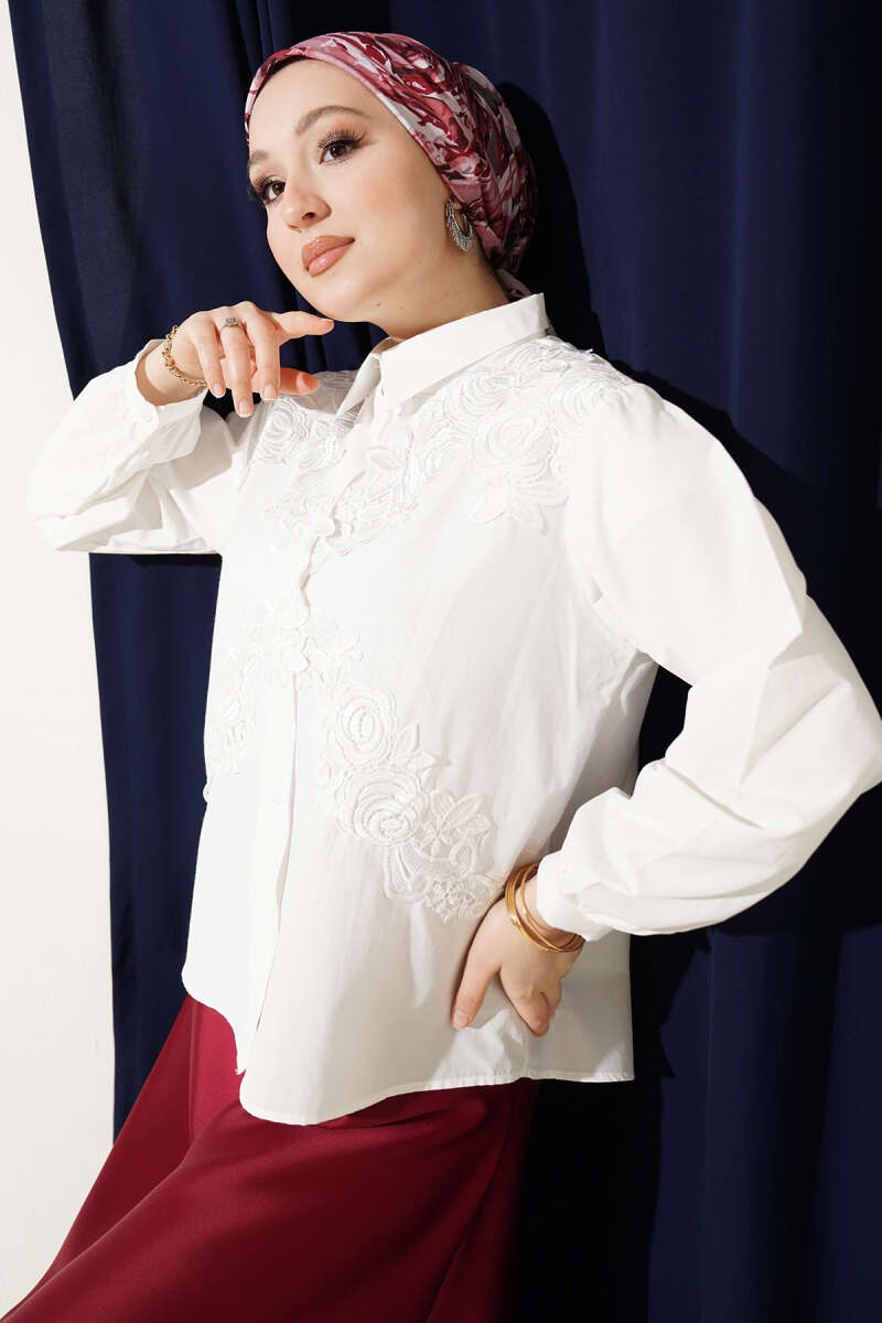 Lace Embroidered Short Shirt White