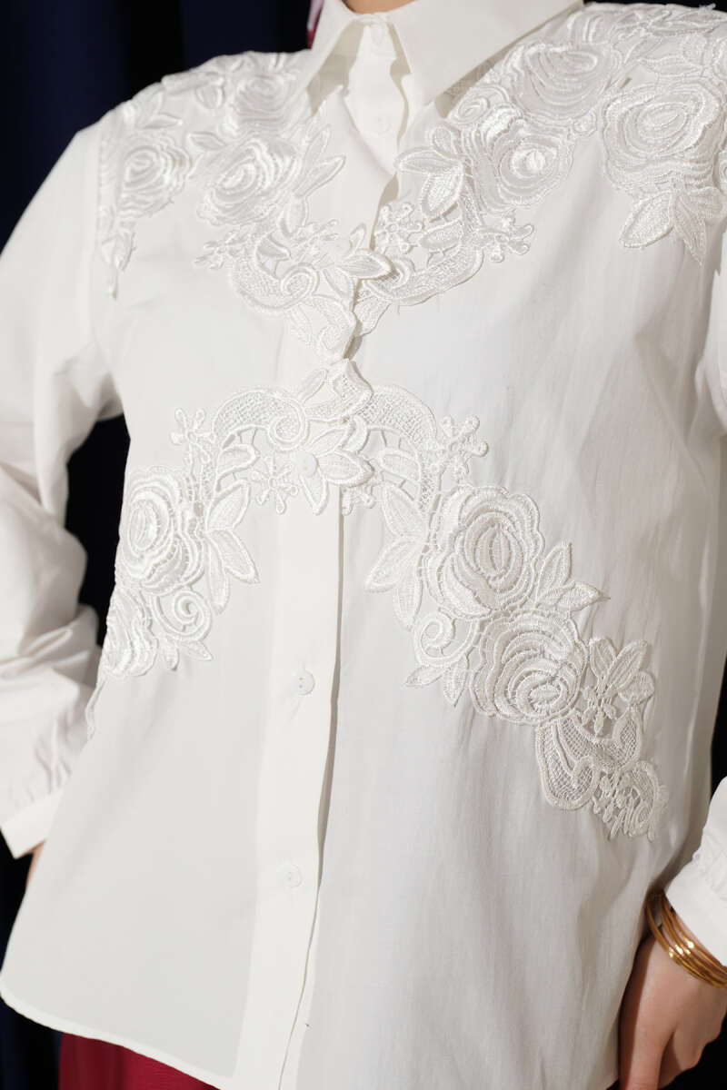 Lace Embroidered Short Shirt White - الصورة 4