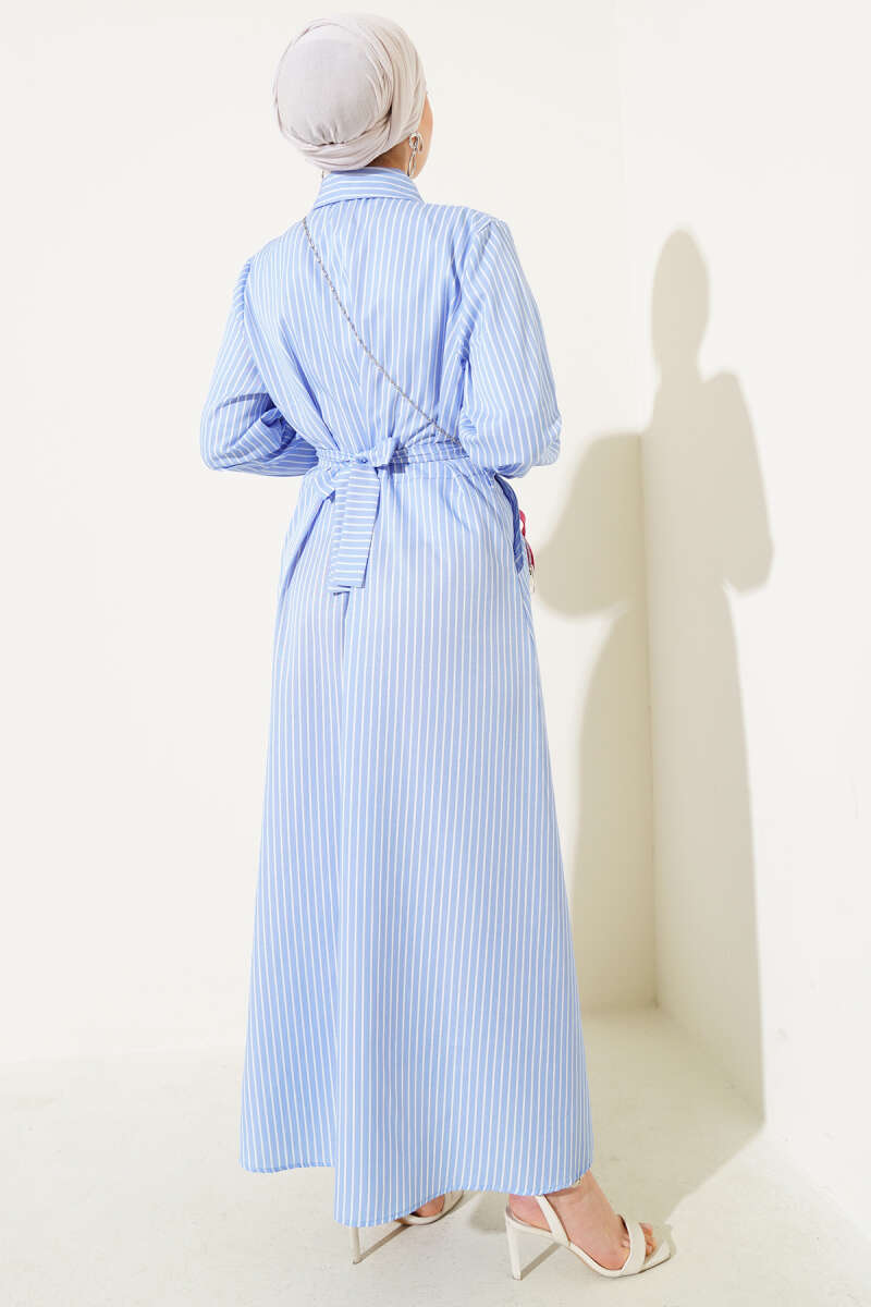 Striped Belted Button Dress Blue - الصورة 3