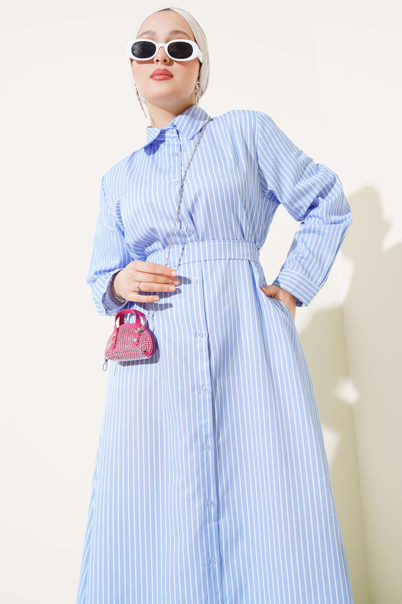 Striped Belted Button Dress Blue - الصورة 2