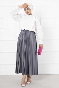 Fine Pleated Long Modest Hem Edge Skirt Grey