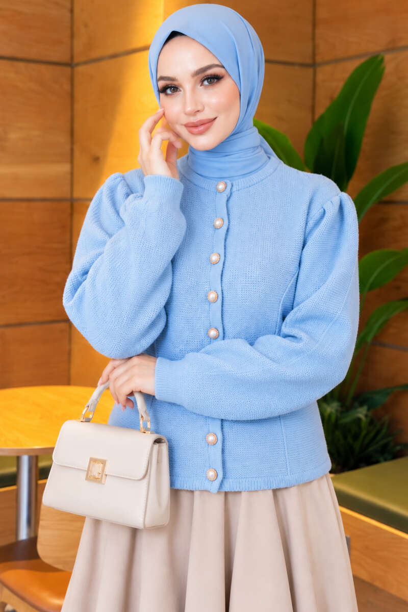Pearl Button Detail Knit Cardigan Baby Blue - immagine 3